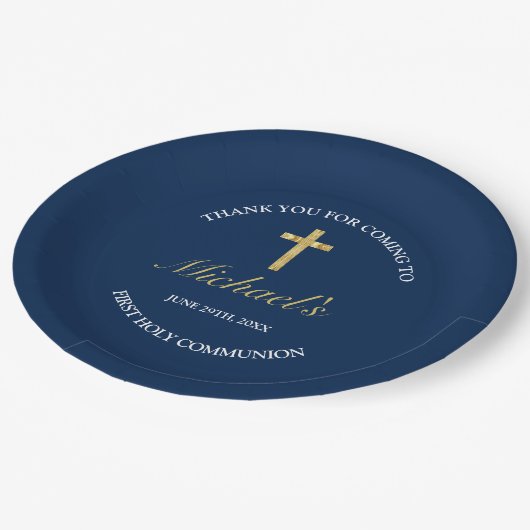 Moderner Gold Blue Cross First Kommunion Empfang Pappteller (Schrägansicht)