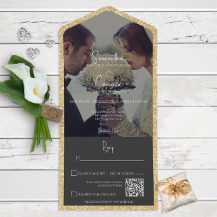 Moderner Gold Glitzer Black Foto QR Code All In One Einladung
