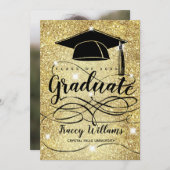 Moderner Gold Glitzer Graduate Cap Foto Abschluss Ankündigung (Vorne/Hinten)