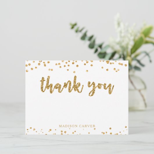 Moderner Gold Glitzer Pinselschrift und Confetti Dankeskarte (Stehend Vorderseite)