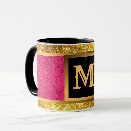 Moderner Gold Glitzer Rosa Linde Mit Monogramm Tasse (Vorderseite Links)