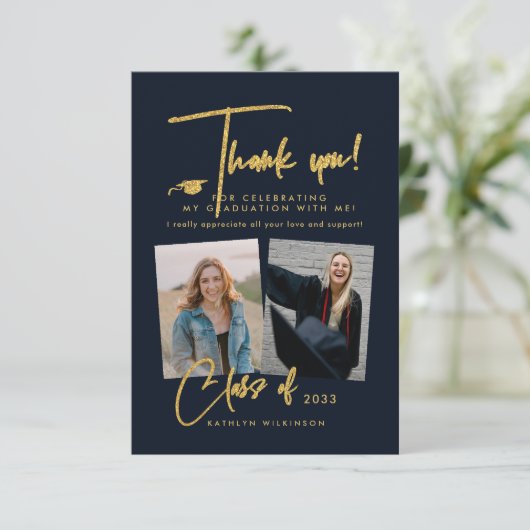 Moderner Gold Glitzer Script Blue Foto Abschluss Dankeskarte (Stehend Vorderseite)