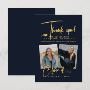 Moderner Gold Glitzer Script Blue Foto Abschluss Dankeskarte