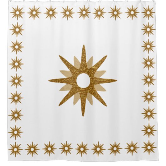 Moderner Gold Glitzer Star an Gemusterten Grenzen Duschvorhang (Vorderseite)
