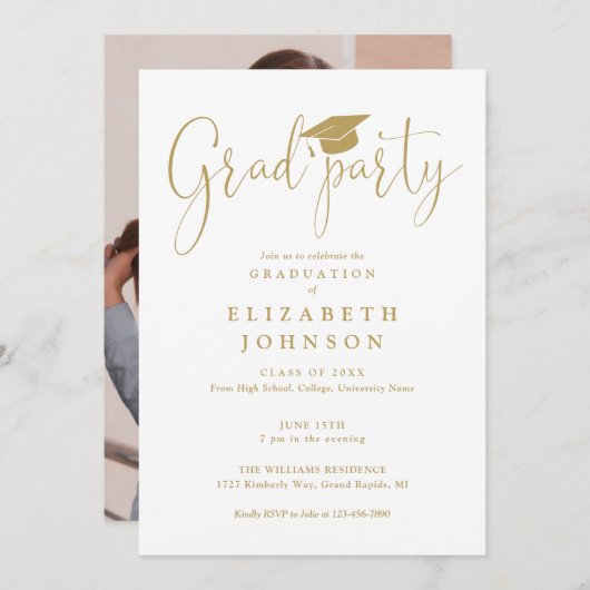 Moderner Gold Grad Party Script Foto Abschluss Einladung (Vorne/Hinten)