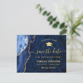 Moderner Gold Navy Blue Abschluss Save the Date Postkarte (Stehend Vorderseite)