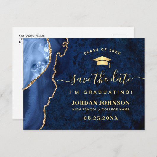 Moderner Gold Navy Blue Abschluss Save the Date Postkarte (Vorne/Hinten)