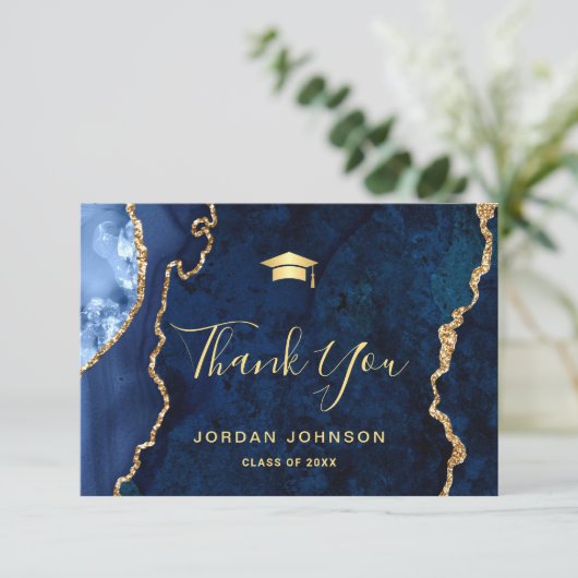 Moderner Gold Navy Blue Marmor Abschluss Dankeskarte (Stehend Vorderseite)