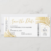 Moderner Gold Palm Leaf Boarding Pass Save the Dat Ankündigung (Vorderseite)