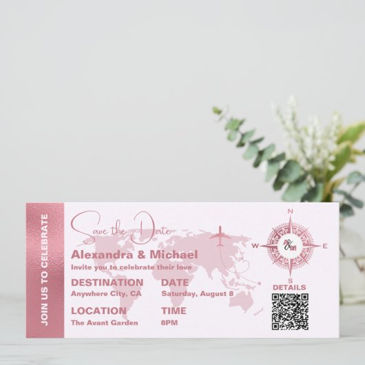 Moderner Gold-Pass für die Rose Save the Date Einladung (Stehend Vorderseite)