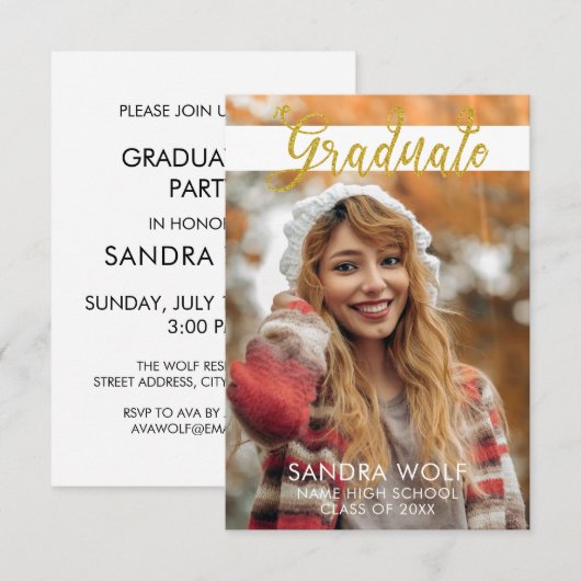 Moderner Gold Script Foto Abschluss Einladung (Vorne/Hinten)