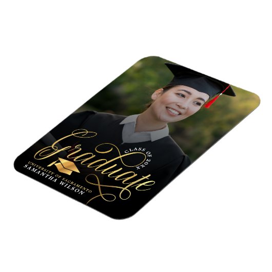 Moderner Gold Script Foto Abschluss Magnet (Linke Seite)