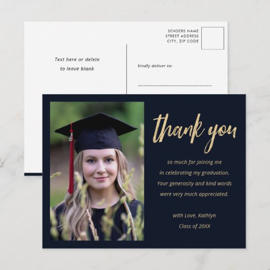 Moderner Gold Script Minimalistisch Foto Abschluss Postkarte (Vorne/Hinten)