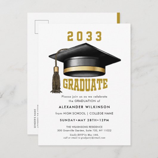 Moderner Gold Script Minimalistisch GRAD Cap Absch Einladungspostkarte (Vorne/Hinten)