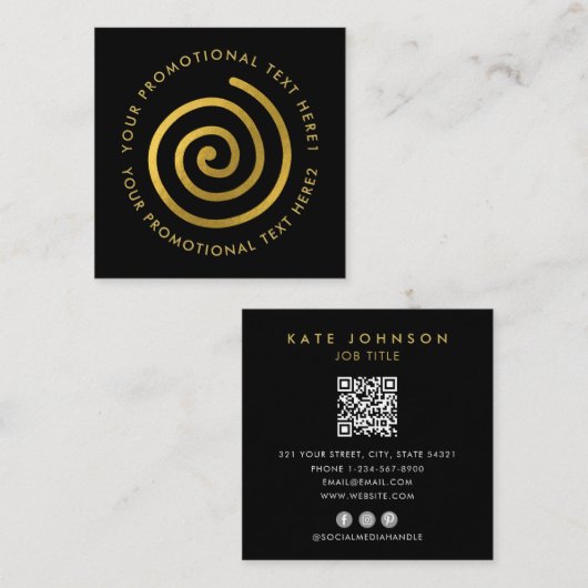Moderner Gold Spiral Logo Scannable QR Code Black Quadratische Visitenkarte (Vorne/Hinten)