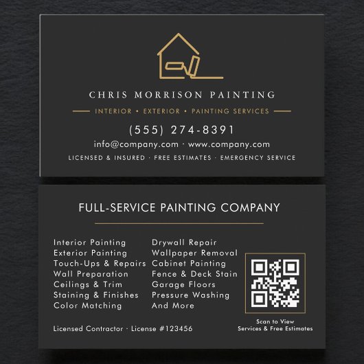 Moderner Gold- und Schwarzmalservice-QR-Code Visitenkarte
