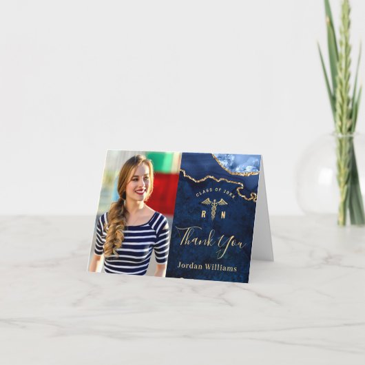 Moderner Golden Blue Marble Agate RN Abschluss als Dankeskarte (Vorderseite)