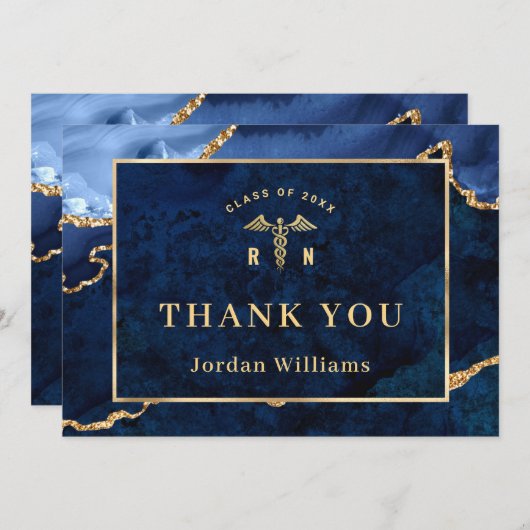 Moderner Golden Blue Marble Agate RN Abschluss Dankeskarte (Vorne/Hinten)