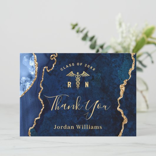 Moderner Golden Blue Marble RN Pflege Abschluss Dankeskarte (Stehend Vorderseite)