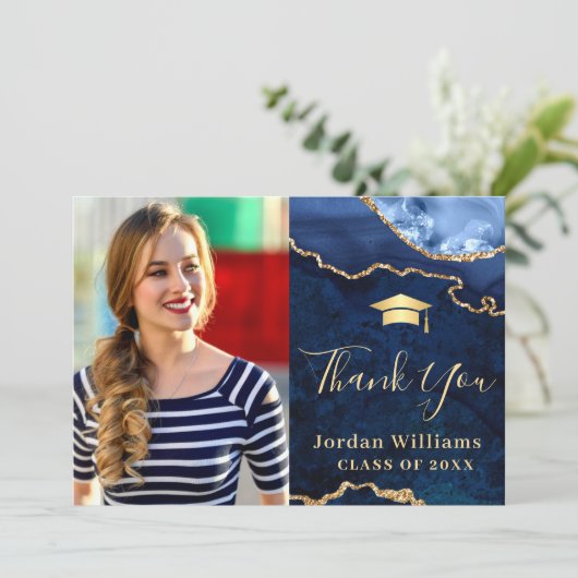 Moderner Golden Blue Marmor Agate Abschluss Dankeskarte (Stehend Vorderseite)