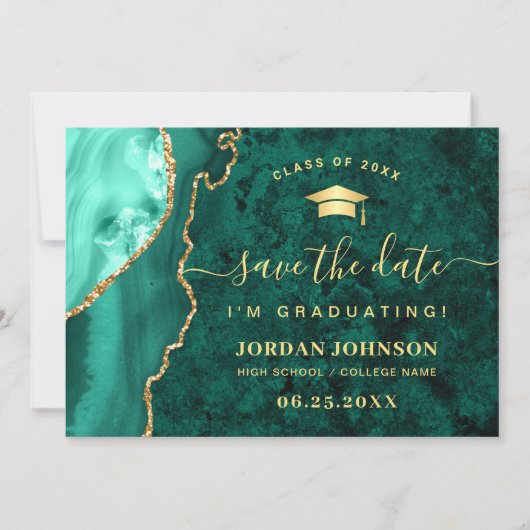 Moderner Golden Emerald Marble Abschluss QR-Code Save The Date (Vorderseite)