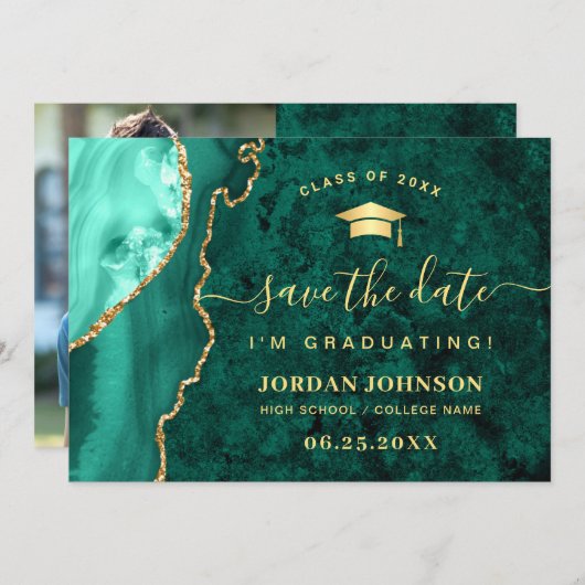 Moderner Golden Emerald Marble Abschluss QR-Code Save The Date (Vorne/Hinten)