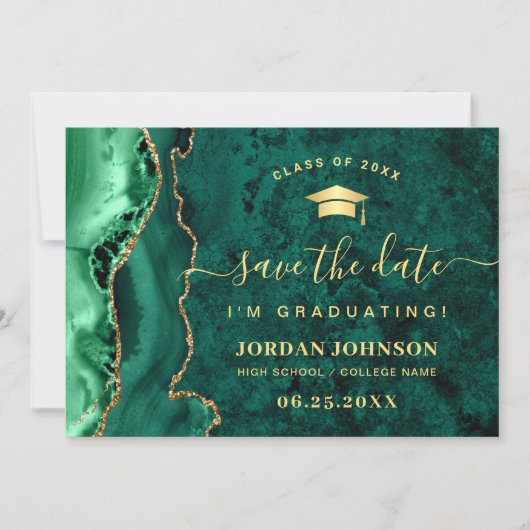 Moderner Golden Emerald Marble Abschluss QR-Code Save The Date (Vorderseite)