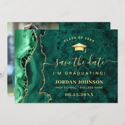 Moderner Golden Emerald Marble Abschluss QR-Code Save The Date (Vorne/Hinten)