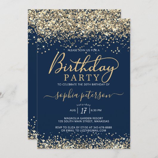 Moderner Goldener Glitzer und Navy Blau jedes Alte Einladung (Vorne/Hinten)