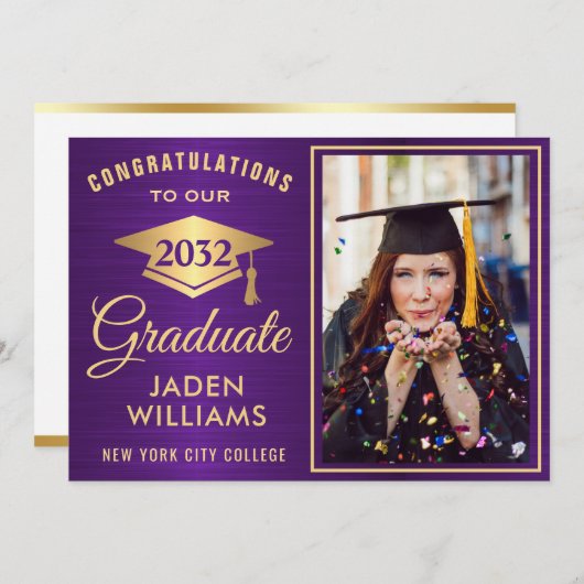 Moderner Goldener Lila FOTO Abschluss Einladung (Vorne/Hinten)