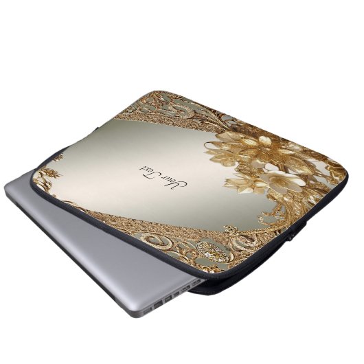 Moderner goldfarbener Verzierter floraler Notebook Laptopschutzhülle (Vorne Knopf)