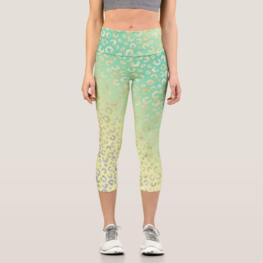 Moderner Goldleopard Print Yellow Minze Gradient Capri Leggings (Vorderseite)