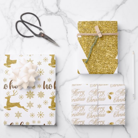 Moderner Goldluxus-Hirschskripttext weiß Geschenkpapier Set (Vorderseite)