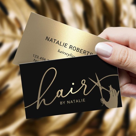 Moderner Goldschere Hand Friseursalon Visitenkarte