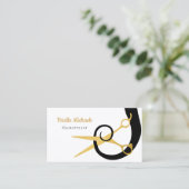 Moderner Goldschere Schwarzer Haarburl Friseur Sal Visitenkarte (Stehend Vorderseite)