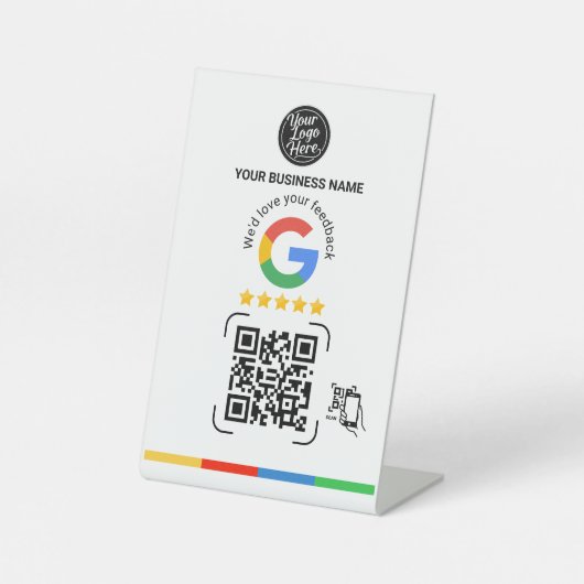 Moderner Google-Feedback-QR-Code in Weiß Sockelschild (Vorderseite)