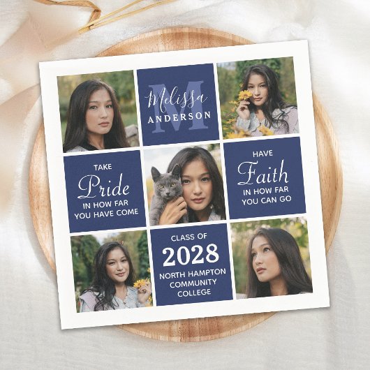 Moderner Grad 5 Foto Collage Navy Blue Abschluss Serviette
