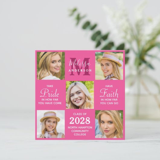 Moderner Grad 5 Foto Collage Pink Abschluss Einladung (Stehend Vorderseite)