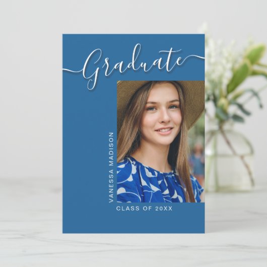 Moderner Grad | Blue 1 Foto Elegantes Script Ankündigung (Stehend Vorderseite)