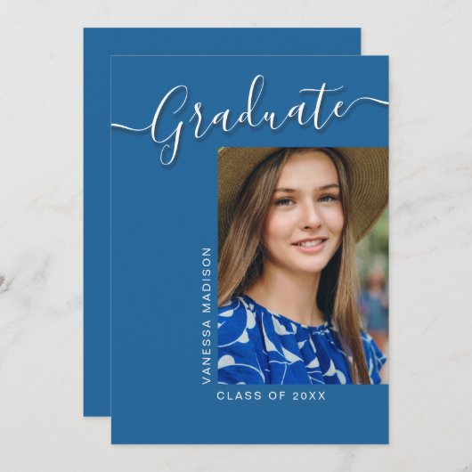 Moderner Grad | Blue 1 Foto Elegantes Script Ankündigung (Vorne/Hinten)