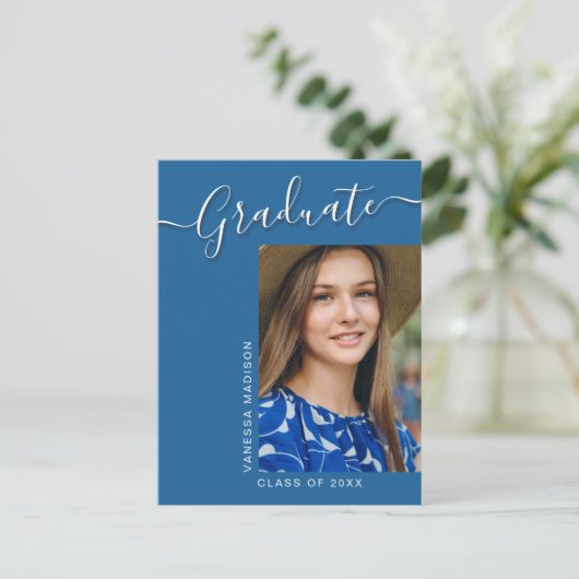 Moderner Grad | Blue 1 Foto Elegantes Script Postkarte (Stehend Vorderseite)