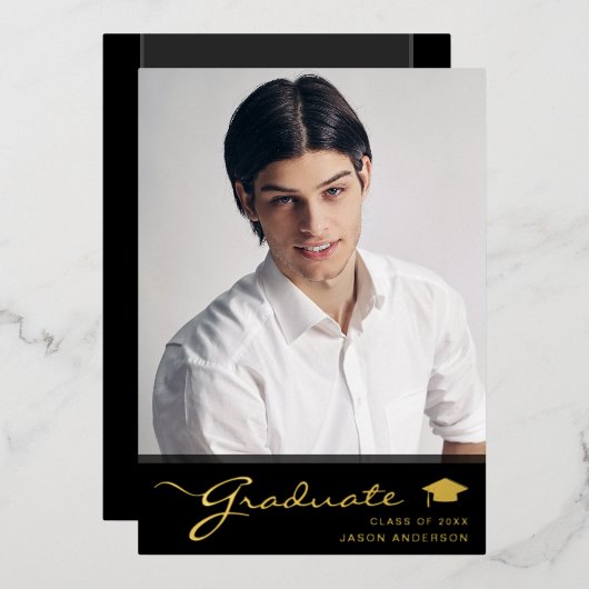 Moderner Grad | Elegante Script Trendy 1 Foto Card Folieneinladung (Vorderseite/Rückseite)