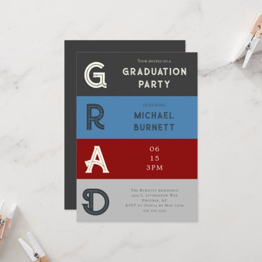 Moderner Grad Grau Strip Abschluss Einladung (Vorderseite/Rückseite Beispiel)