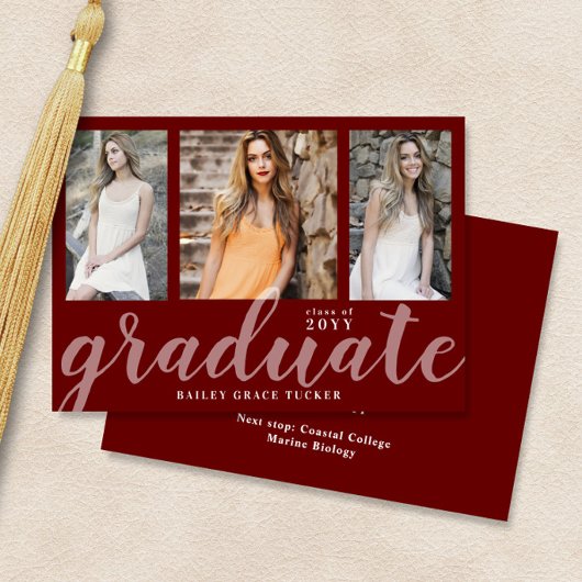 Moderner Graduate 3-Foto Collage Roter Abschluss Ankündigung