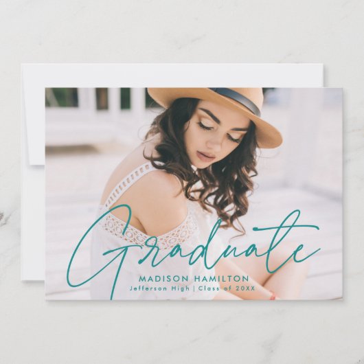 Moderner Graduate Aquamarin Script Foto Abschluss Ankündigung (Vorderseite)