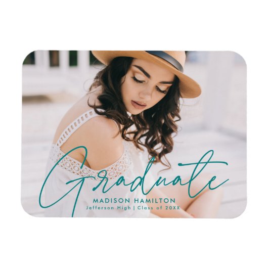 Moderner Graduate Aquamarin Script Foto Abschluss Magnet (Horizontal)