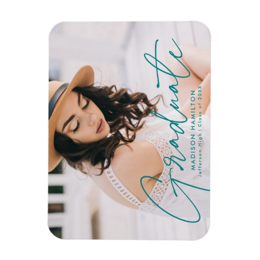 Moderner Graduate Aquamarin Script Foto Abschluss Magnet (Vertikal)
