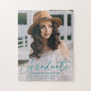 Moderner Graduate Aquamarin Script Foto Abschluss Puzzle