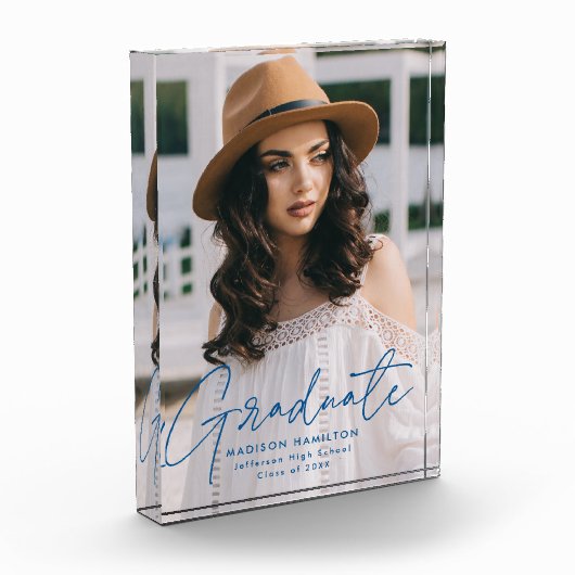 Moderner Graduate Blue Script Abschluss Fotoblock (Links)