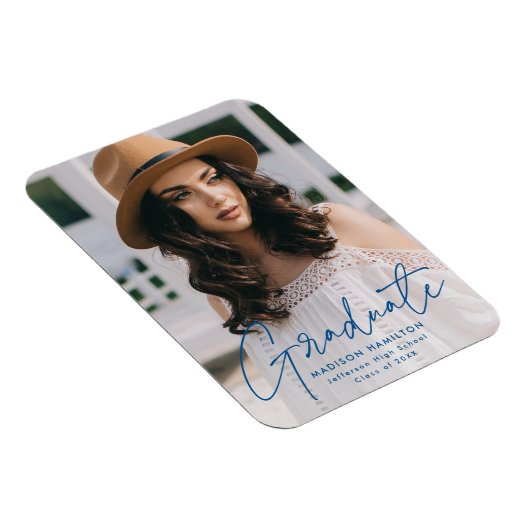 Moderner Graduate Blue Script Foto Abschluss Magnet (Rechte Seite)